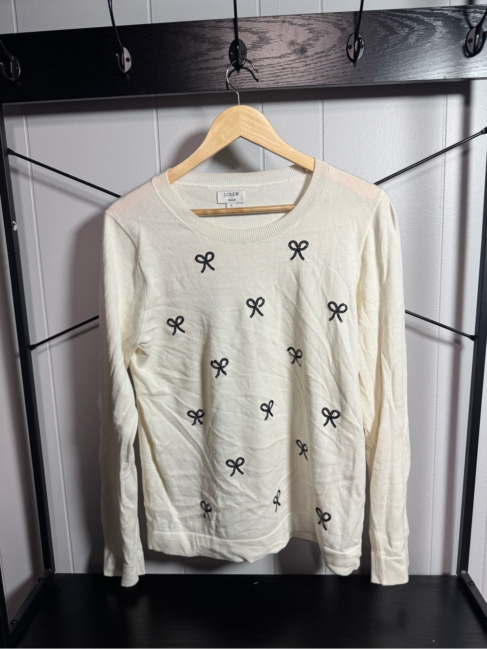 J. Crew Cream Crewneck Sweater with Black Bow Motif